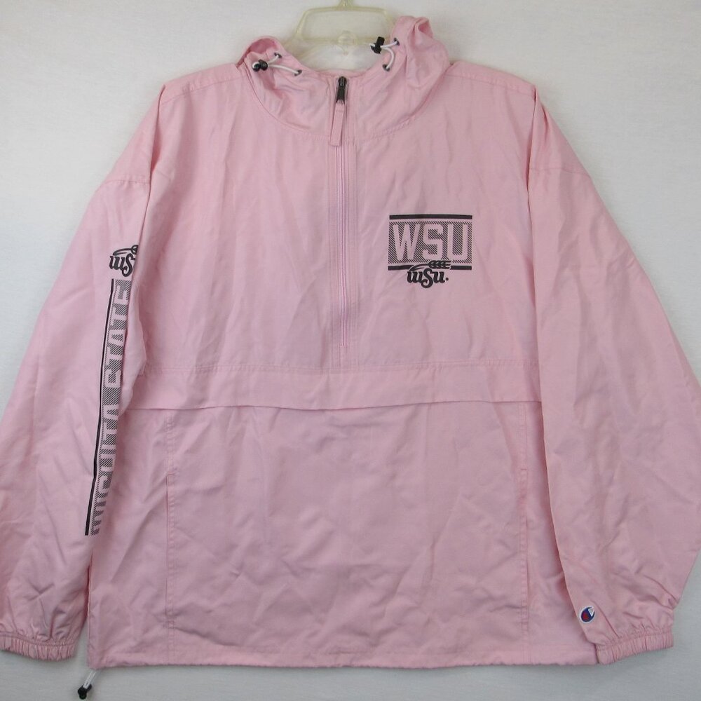 Champion WSU Wichita Women’s Packable Windbreaker Jacket Pink Half Zip Hooded Si